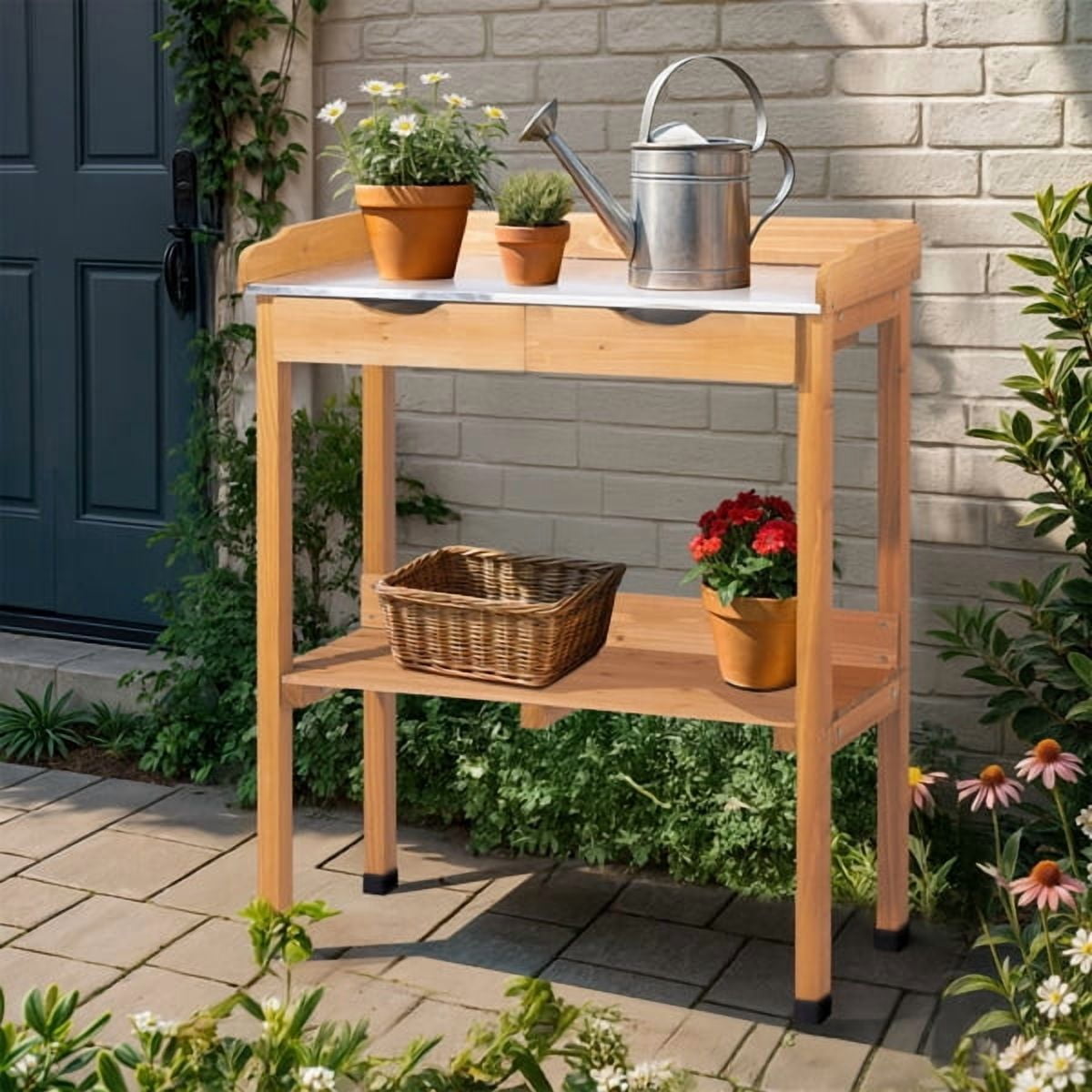 Outdoor Garden Potting Bench Table, Wooden Horticulture Planting Worstation with Metal Tabletop, 2 Drawers, Storage Shelf, 3 Hooks, Natural Wood