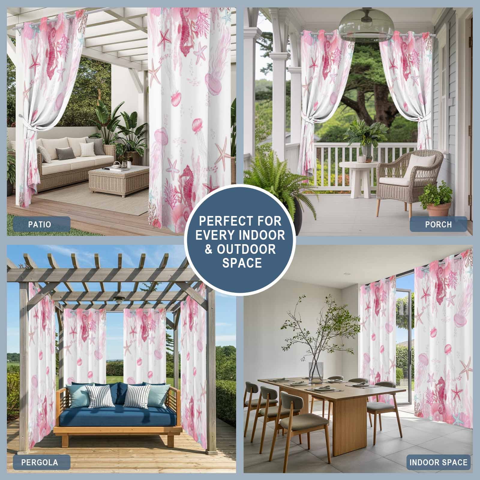 Pink Ocean Outdoor Curtains for Patio, Seahorses Jellyfish Starfish Watercolor Coastal Sunshade Privacy Drapes Grommet Waterproof Outside Curtains for Porch/Cabana/Balcony 54"x 108", 1 Panel