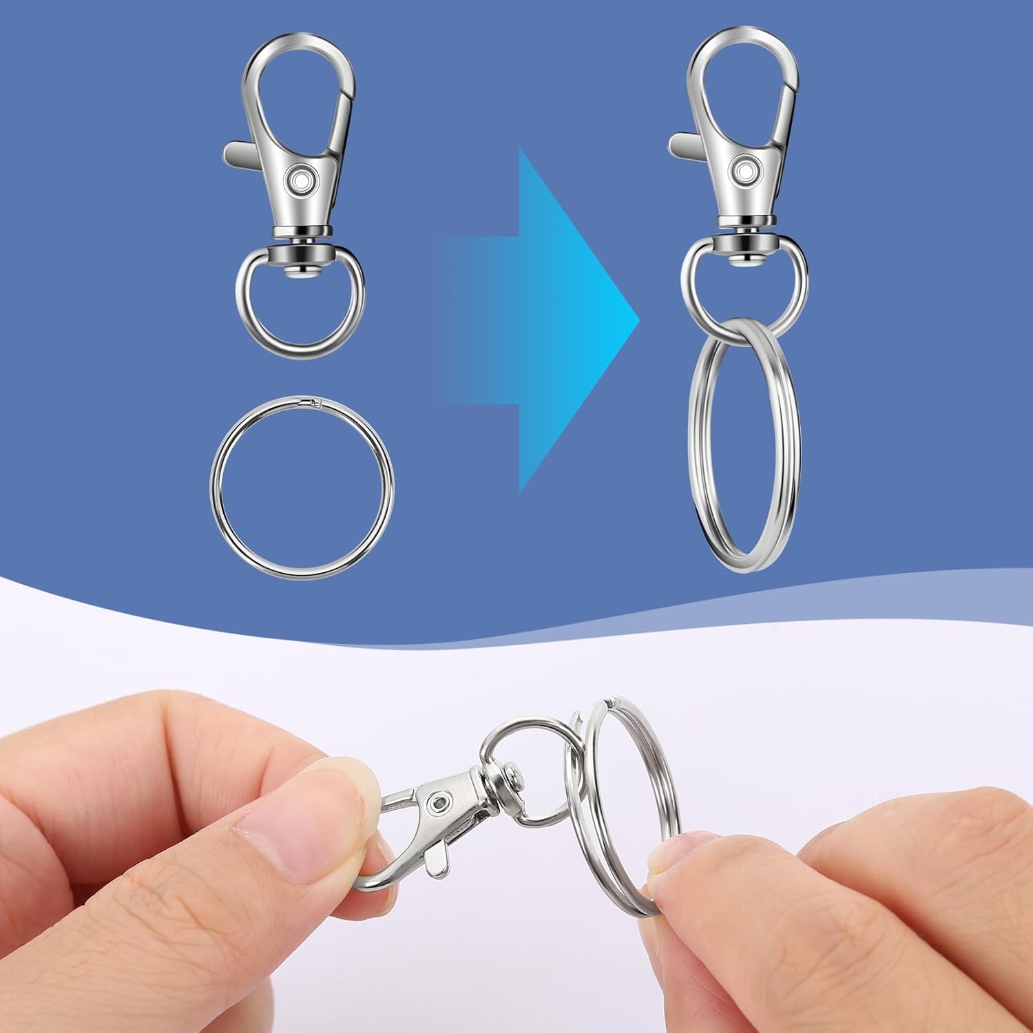 50 PCS in 25 Sets, Metal Swivel Lobster Claw Clasps, Keychain Clip with Large Key Ring, Premium Keychains Clips, Snap Hooks and Sturdy Key Rings, for Key Chain Making Kit，