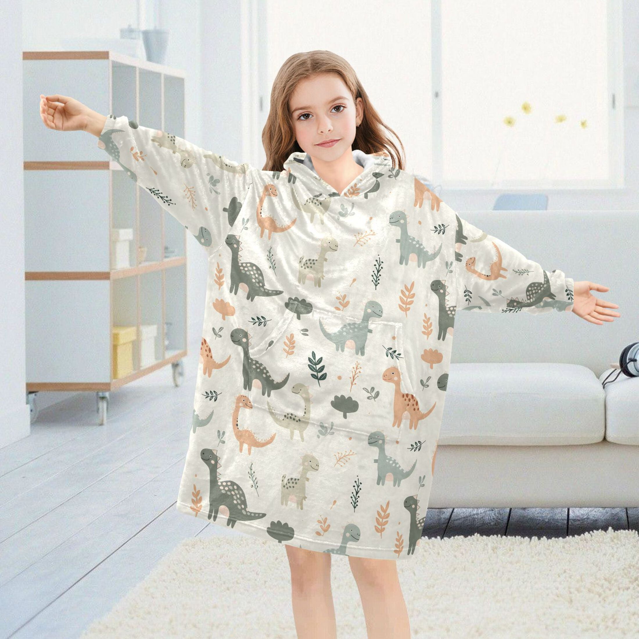 Dailycode Wearable Blanket Hoodie Oversized Sherpa Flannel Blankets with Pocket for 3-14 Year Old Cartoon Dinosaurs and Leaves