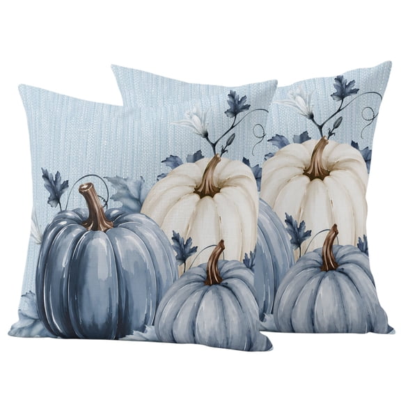 Navy Blue Pumpkin Fall Outdoor Waterproof Pillow Covers, Thanksgiving Botanical Leaves Decorative Square Throw Pillowcase Sofa Cushion Sham for Patio/Couch/Chair, 18"x18" 2 Pack