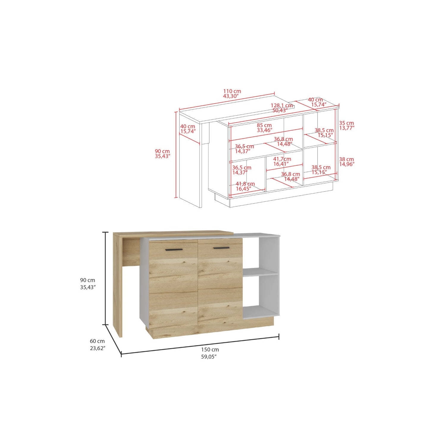 dokea Kitchen Island Ohio, Kitchen Island, White / Light Oak, 47”