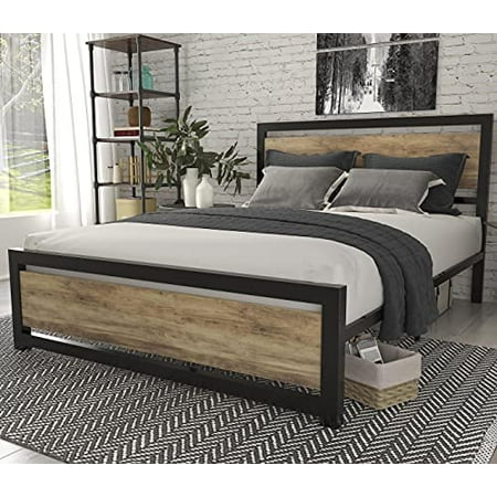 SHA CERLIN Queen Bed Frame with Modern Wooden Headboard / Heavy Duty