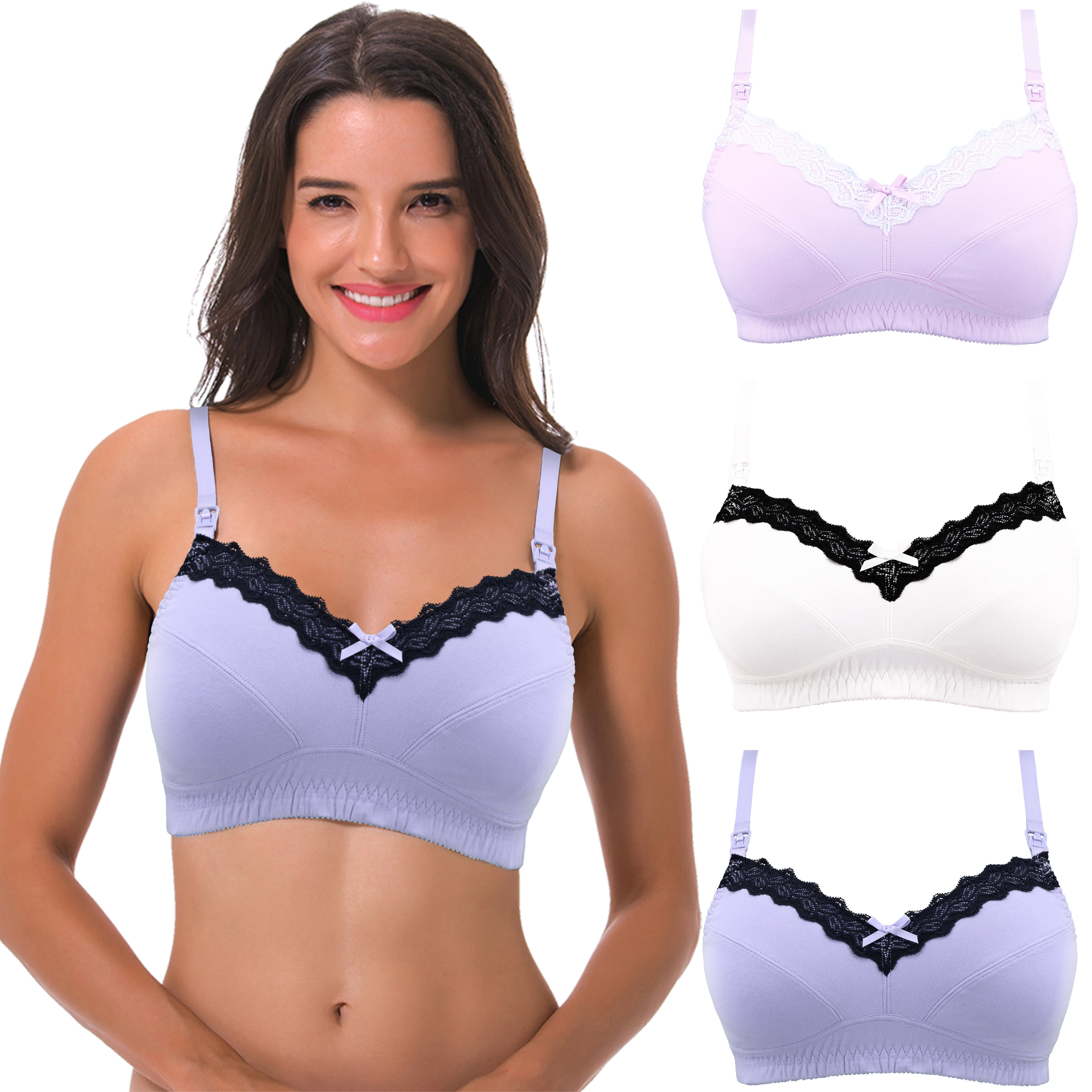 Curve Muse Women's Nursing Plus Size Wirefree Cotton Bra With Upper Lace -3Pack-LAVENDER,PINK,IVORY-38C 