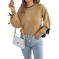 thumbnail image 3 of Women Knit Crew Neck Contrast Lantern Long Sleeve Pullover Sweater with Decorative Cuff Straps Khaki XL, 3 of 9