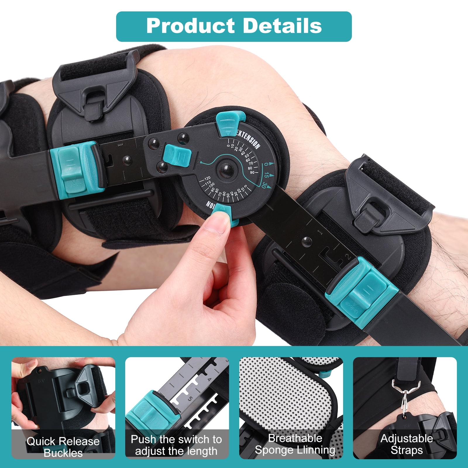 Hinged ROM Knee Brace with Shoulder Strap Post Op Knee Immobilizer Adjustable Knee Support with Side Stabilizers Medical Knee Orthopedic Support for Men and Women, Left or Right Leg