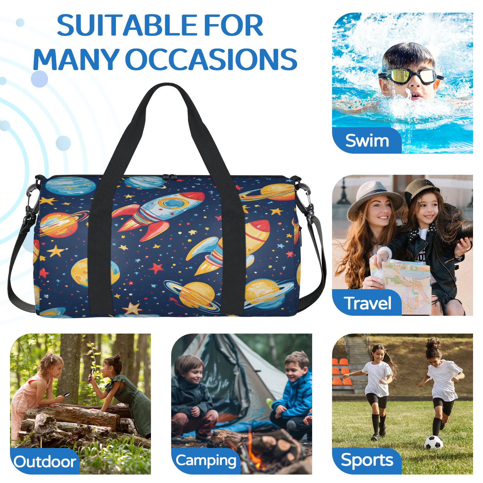 Herdesigns Universe Planet Rocket Gym Bag for Women, Duffle Bag for Travel Sport, Outer Space Lightweight Waterproof Carry on Weekender Dance Yoga Workout Bags