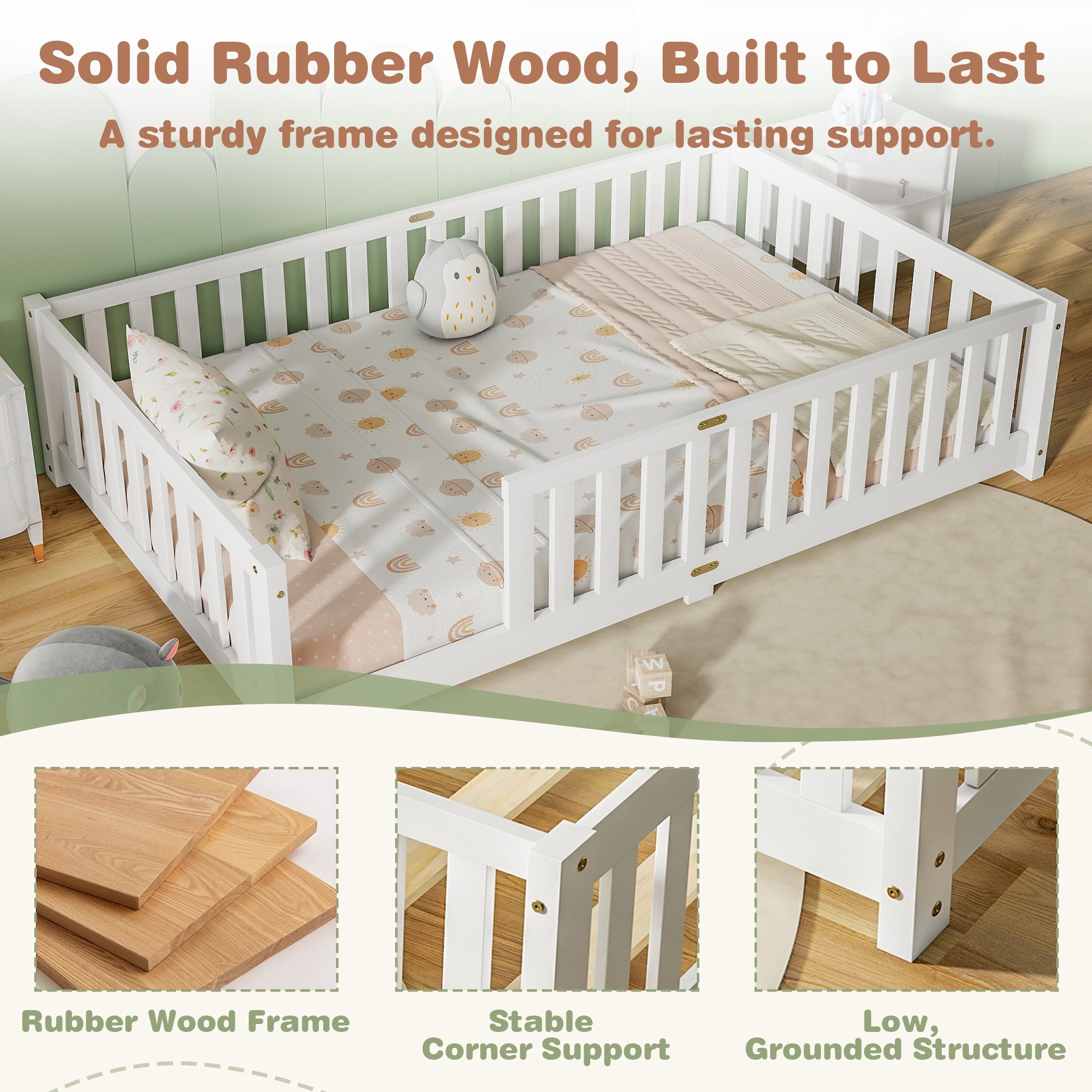 Sesslife Twin Montessori Floor Bed, Wood Twin Size Floor Bed Frame with Safety Guardrails and Slats, Low Profile Toddler Bed for Kids Boys and Girls, No Box Spring Needed, White
