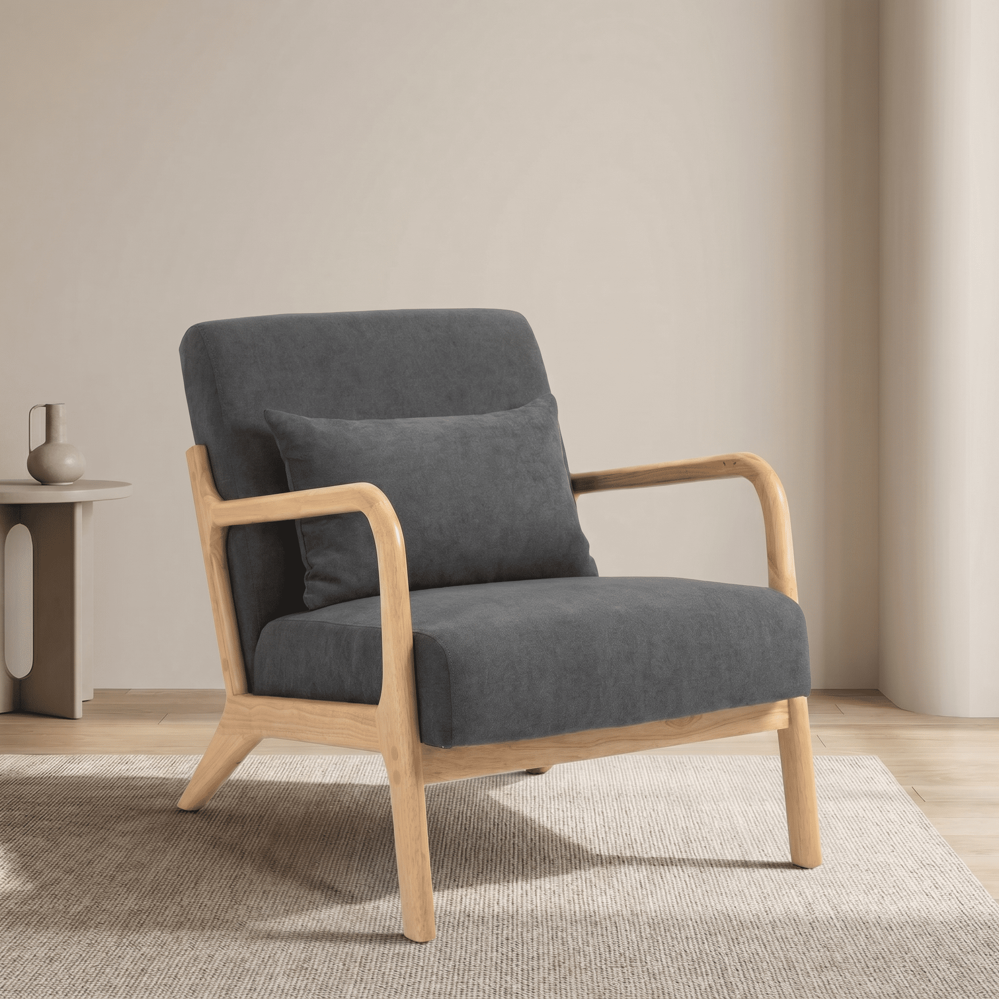 PAPROOS Mid-Century Modern Accent Chair, Velvet Fabric Arm Chair with Wood Frame and Pillow, Upholstered Armchair Comfort Reading Chair Lounge Chair for Living Room Bedroom Sunroom, Gray