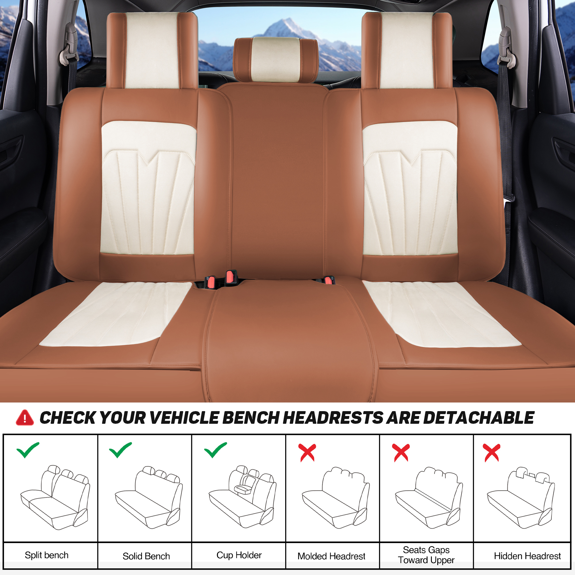Caromop Universal Car Seat Covers Full Set,3D Foam Support in Velvet & PU Leather,Armrest Compatible for Cars, Trucks, SUVs (Beige/Brown)