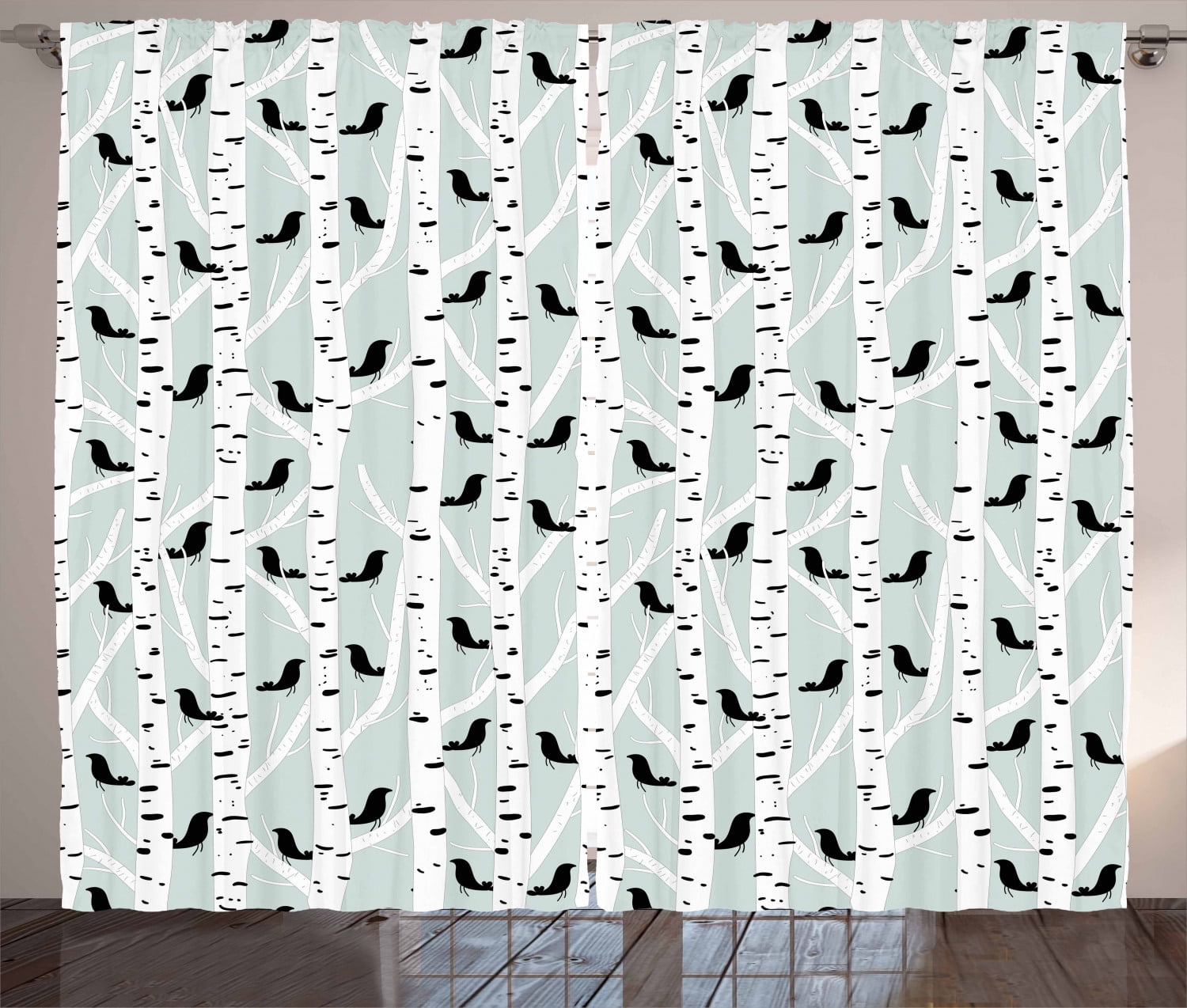 Woodland Curtains 2 Panels Set, Silhouettes of Birds on Birch Trees