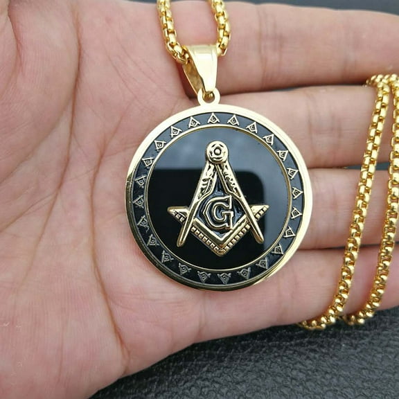 Hip hop Men Gold 14K Yellow Gold Round Masonic Pendant Charm Iced Out Free Masonic Hip hop Necklace Chain Jewelry B648