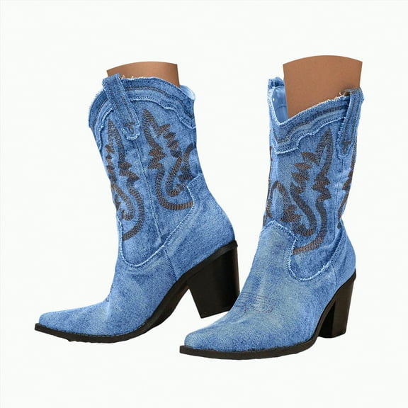 UngA Cowboy Boots confort Women's Mid Calf Boots, Comfort Buckle Slouchy Booties with Side Zipper Blue,6