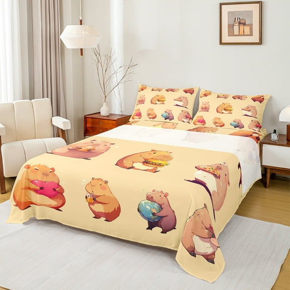 Homewish Kawaii Brown Capybara 3pcs Twin Sheet Sets for Boys Girls,Dreamy Princess Twin Fitted Sheet,Cartoon Cute Animal Breathable Flat Sheet,Lightweight Room Decor