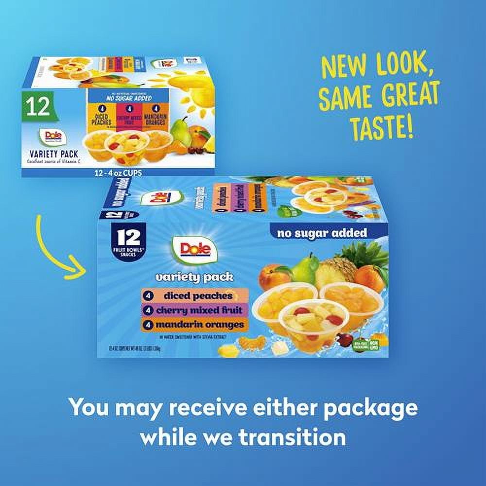 Dole Diced Peaches, Mandarin Oranges, And Cherry Mixed Fruit With No Sugar Added Variety Pack - Dole Fruit Bowls Snacks - 4 Oz Bowls - 12 Pack - Pack of 2