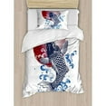 thumbnail image 3 of Ocean Animal Decor King Size Duvet Cover Set, Ornate Japanese Brocaded Carp Fin with Red Circular Form Eastern Fresh Graphic, Decorative 3 Piece Bedding Set with 2 Pillow Shams, Blue, by Ambesonne, 3 of 3