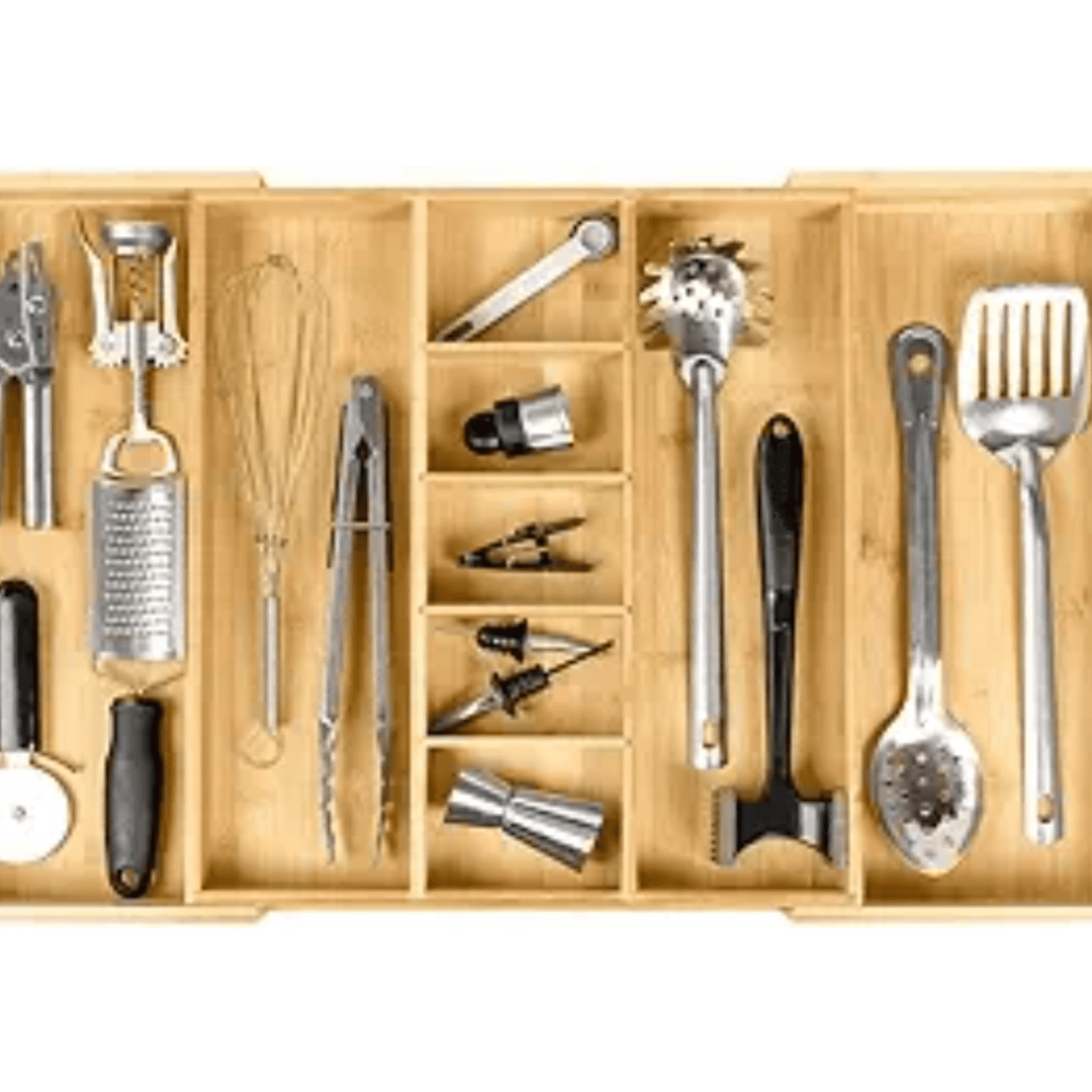 Adjustable Bamboo Kitchen Drawer Organizer for Utensils and Junk, Expandable to 28 inches Wide, 9 Compartments