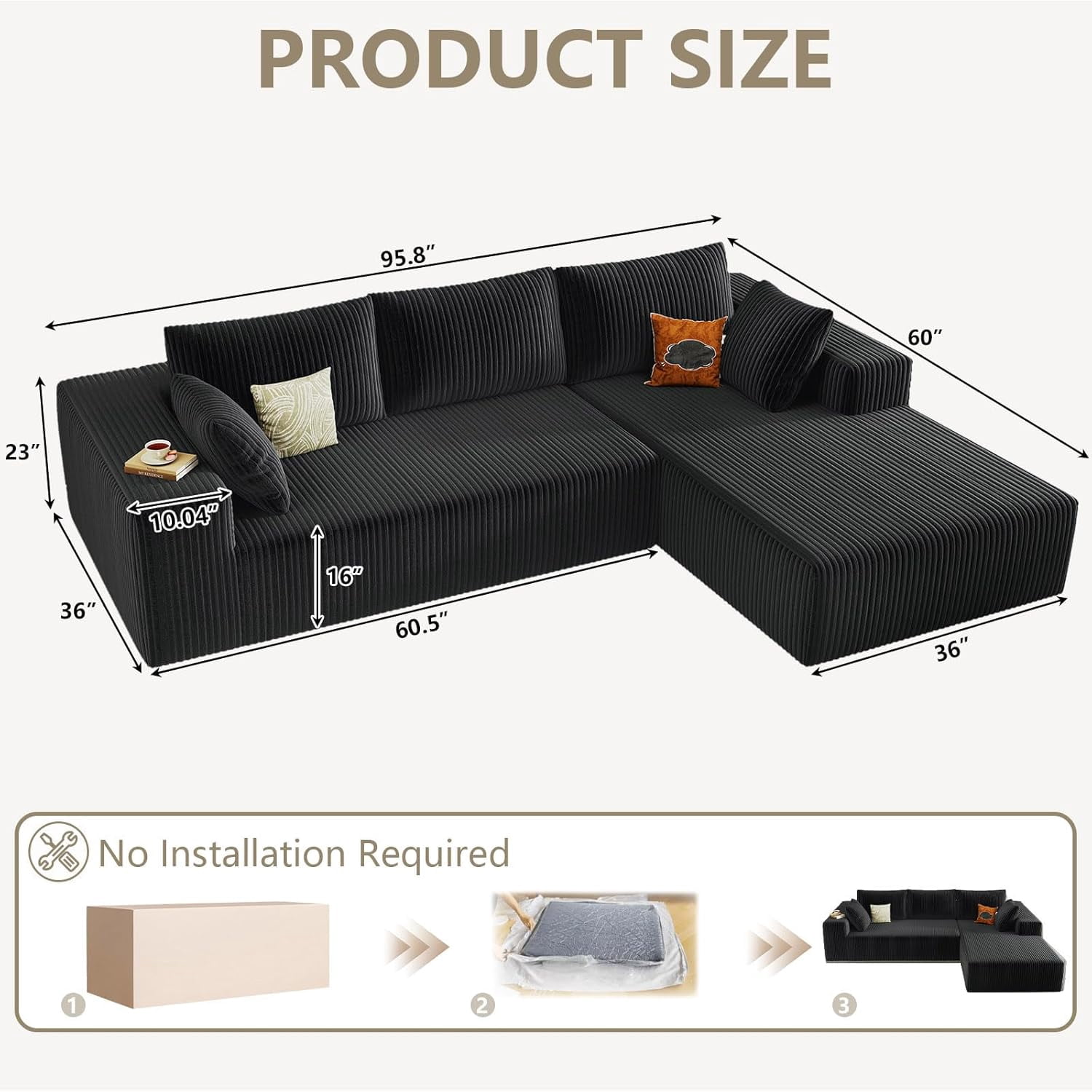 Cloud Couch Sectional, 96" L-Shaped Sofa, No Assembly Corduroy Couch with Chaise for Living Room,Black