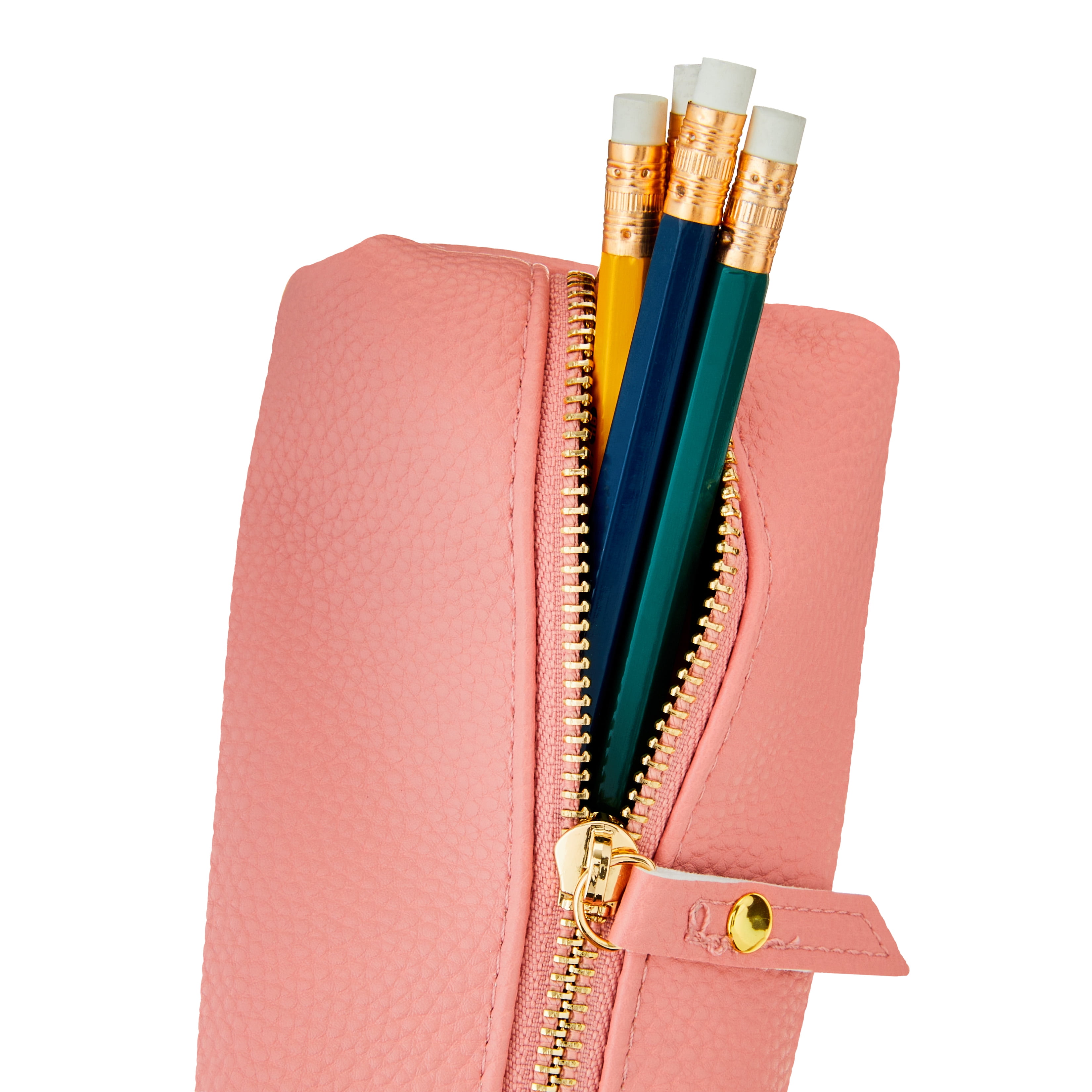 ALLY-MAGIC Leather Pencil Case - Slim PU Leather Pouch With Metallic Zipper For School, College & Office (Pink)