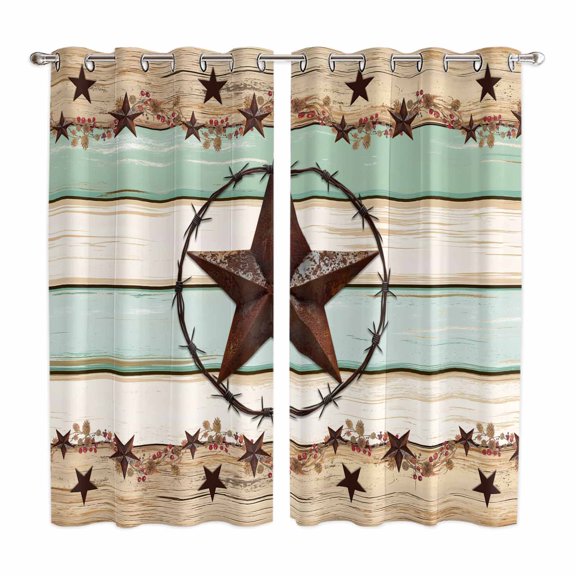 Western Texas Star Green Kitchen Curtains 84 Inch Length, Farmhouse Brown Country Vintage Grommet Top Bedroom Living Room Curtains, Light Filtering Cafe Curtain Drapes 2 Panels Set 104''x84''