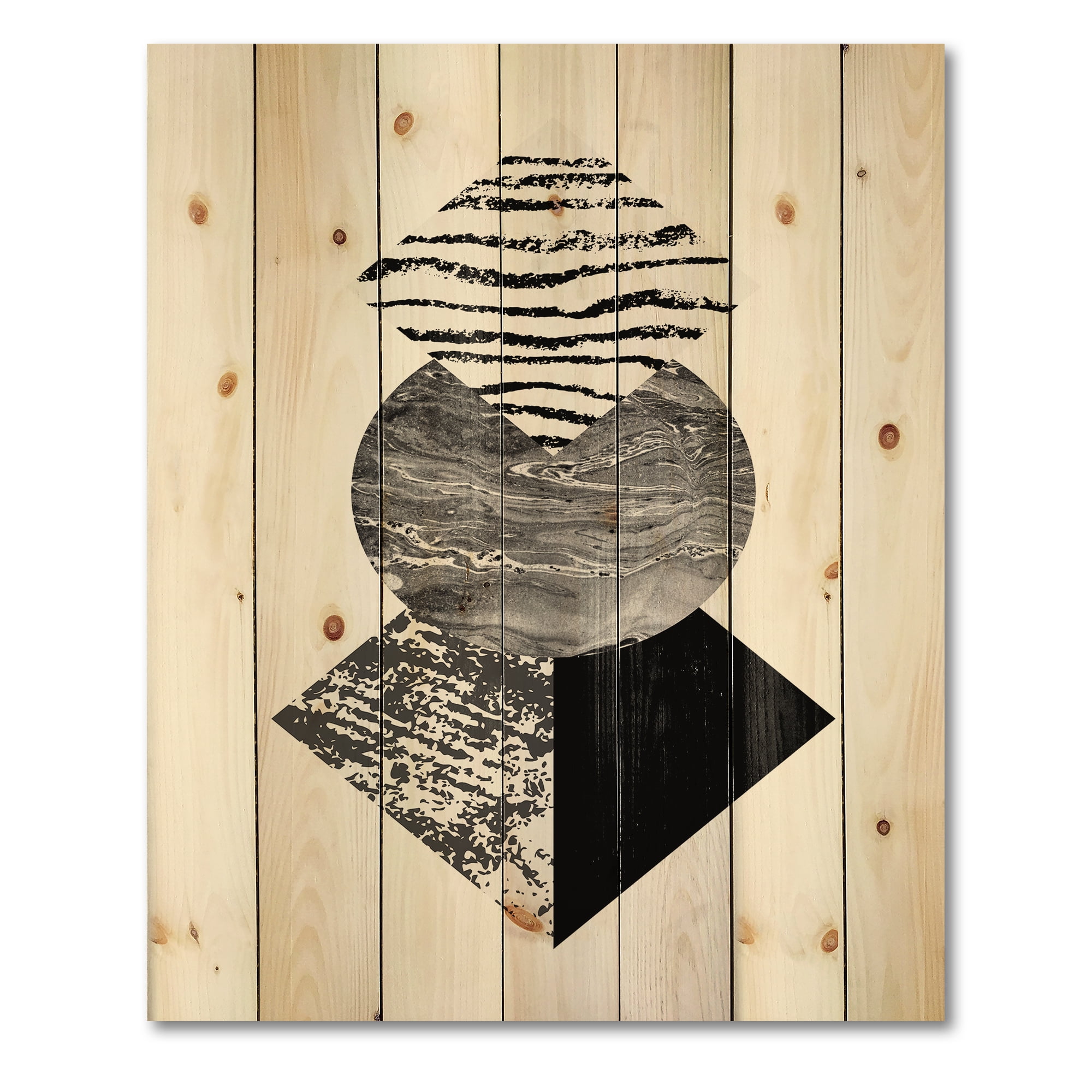 Designart 'Abstract Geometry Shapes With Tropical Palm Leaf I' Modern Print on Natural Pine Wood