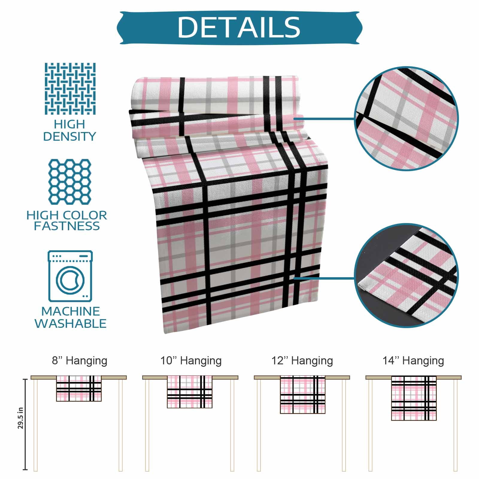 Ldtrchee Pink Black Plaid Table Runner 108 Inches, Farmhouse Pink Black Checkered Bed Runner Dresser Scarves Tabletop for Indoor Outdoor Parties/Ceremony/Banquet, 13"x 108"