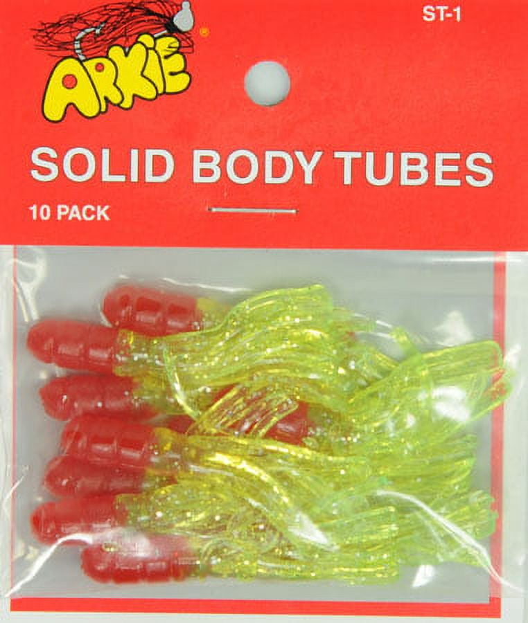 (3 pack) Arkie Lures Solid Body Fishing Tube, Color Red/Chartreuse