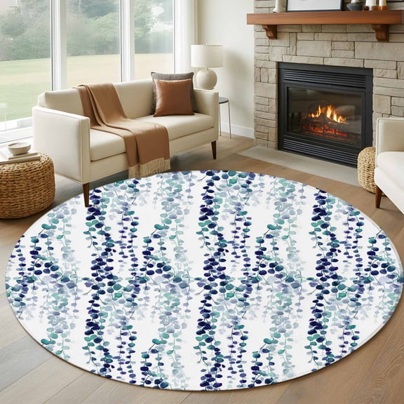 Round Area Rug 8 Ft, Blue Weeping Eucalyptus Washable Non-Slip Circle Carpet for Living Room/Bedroom, Spring Summer Farmhouse Leaves Collection Low-Profile Large Area Rugs for Indoor