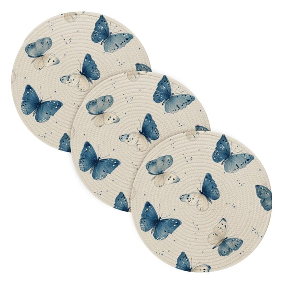 3PCS Trivet Mats 15 Inch Round Heat-Resistant Pot Holders Hot Pads Table Decor Blue Watercolor Butterflies