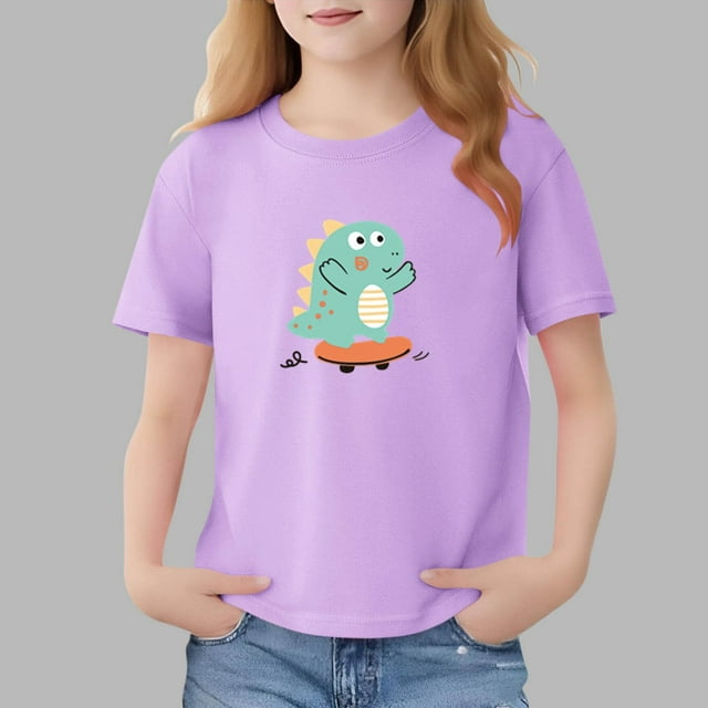Blusas y camisas de manga corta con cuello redondo para niños Camiseta de verano de manga corta estampada para niñas Jersey elegante de cuello redondo para niñas Top de algodón para niños