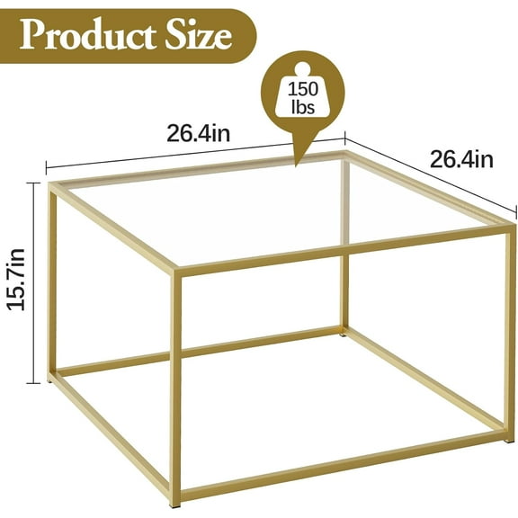 Glass Coffee Table with Storage, Small Square Modern Center Table for Living Room, Gold Frame & Clear Tempered Glass, Easy Assembly