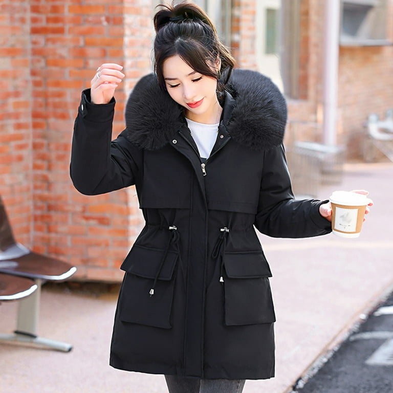 Womens Puffer Jacket Chunky Fur Collar Hooded Parka Jacket Warm Winter  Coats Padded Coat With Pocket