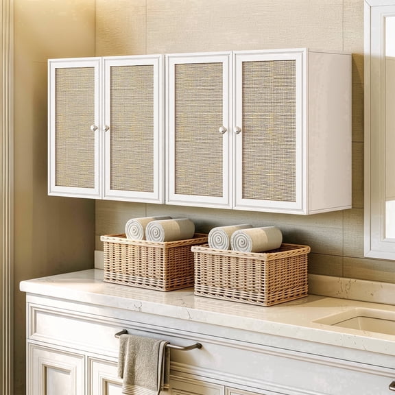 48 Inches Laundry Room Wall Cabinets Bathroom Cabinets Wall Mounted with Adjustable Shelves, Rattan Wall Cabinet for Bedroom, Kitchen, Bathroom