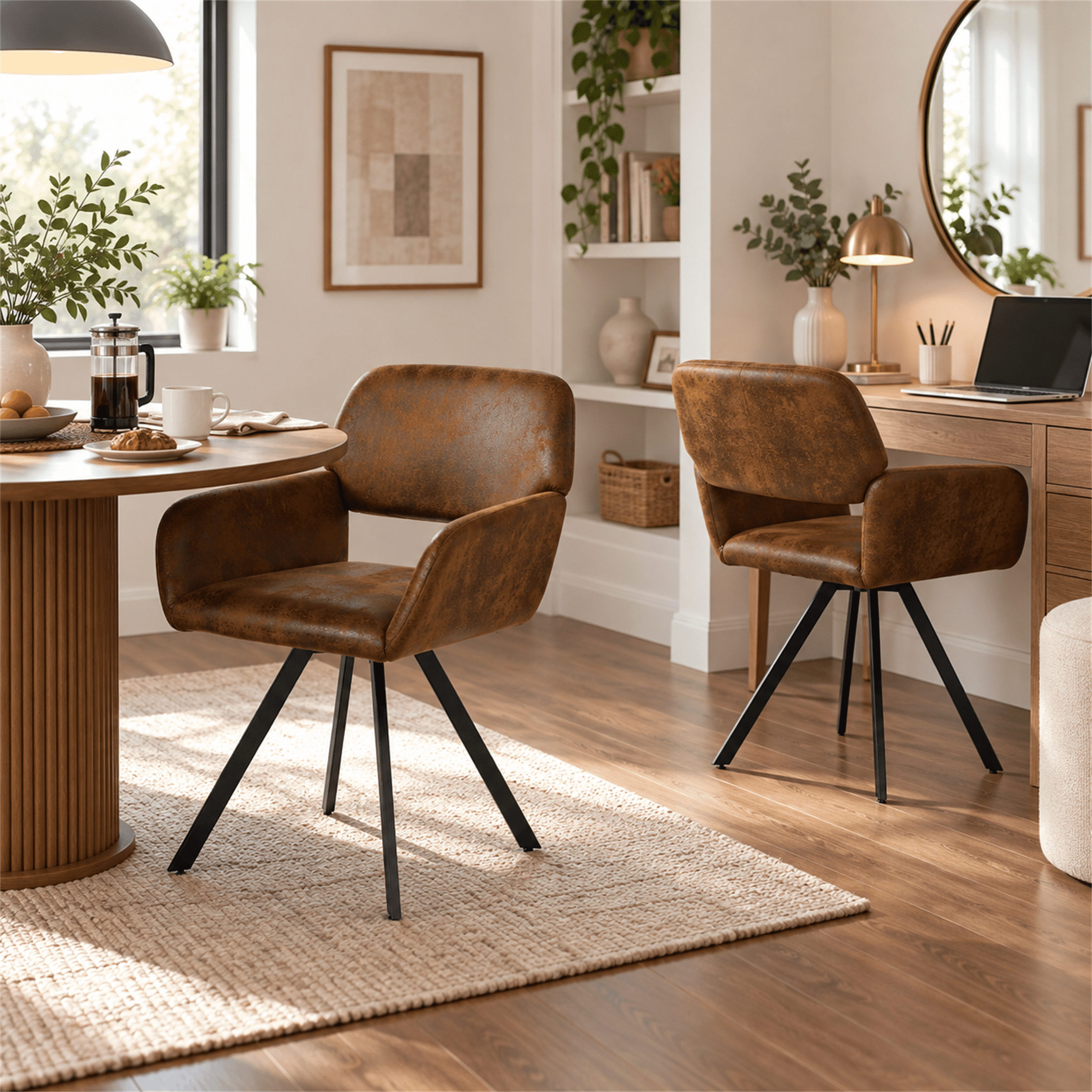 Homy Casa Swivel Dining Chairs Set of 2, Upholstered Armchairs with Black Metal Legs, Dark Brown