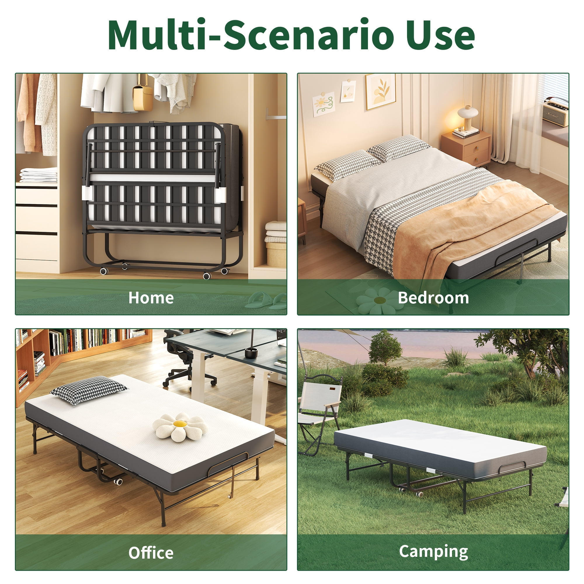 75" x 46"Folding Guest Bed with Mattress, Portable Large Rollaway Bed for Adults, Fold Up Bed for Adults, Hospital Bed, School Bed