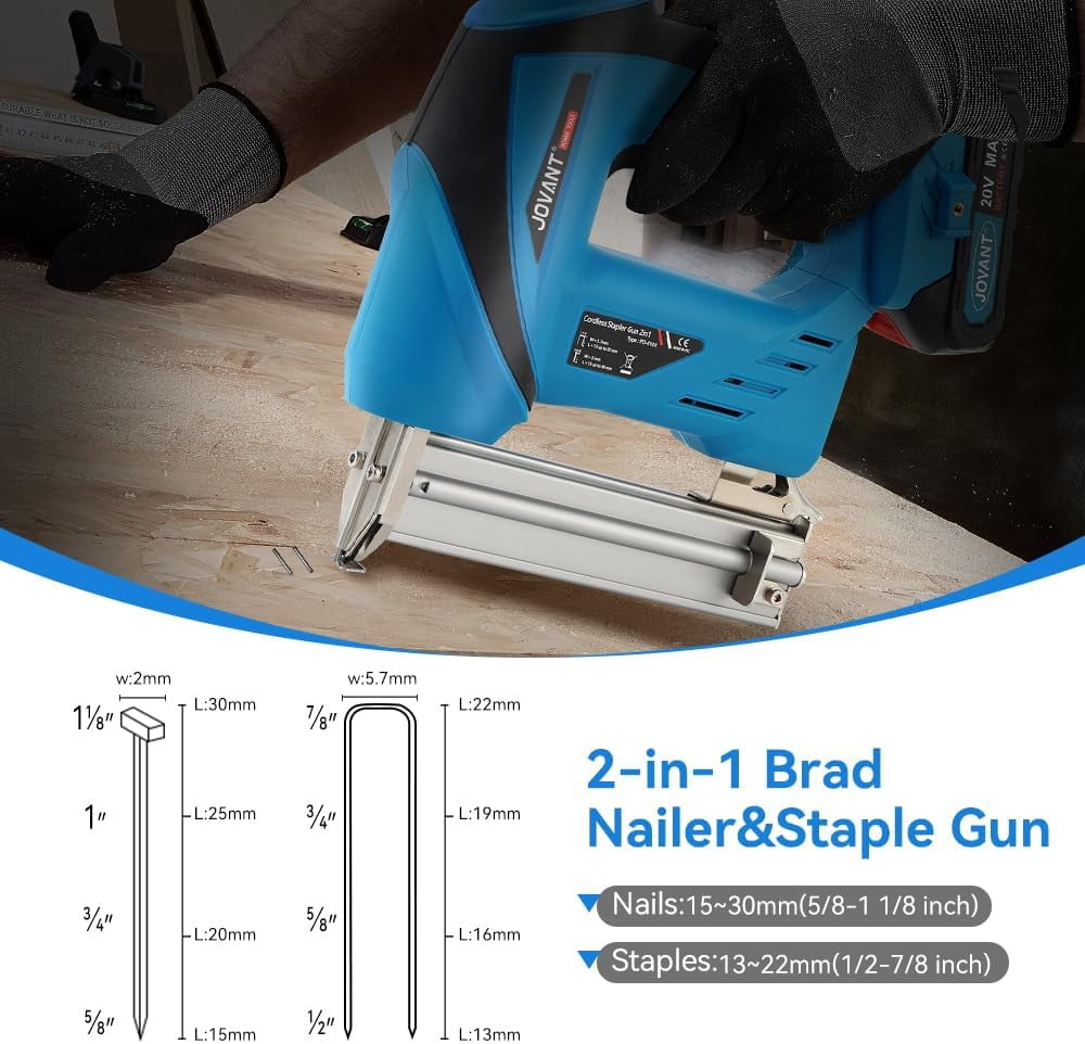 2 in 1 Nail Gun Battery Powered, 20V Cordless Nail Gun,400 Nails, 400 Staples, with Staple Puller, 2 * 2.0Ah Li-Ion Batteries and 2.4A Charger, Brad Nailer for Home Improvement & DIY