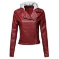 thumbnail image 1 of Women's Casual Detached Hood Zipper Closure Notched Collar Leather Jacket, 1 of 5