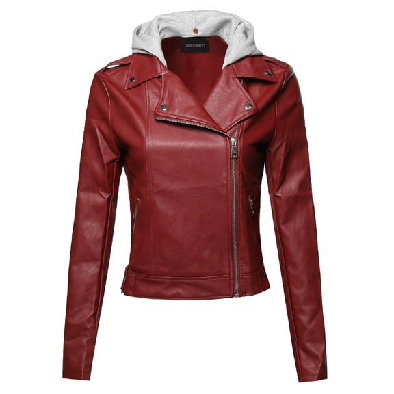 Women's Casual Detached Hood Zipper Closure Notched Collar Leather Jacket