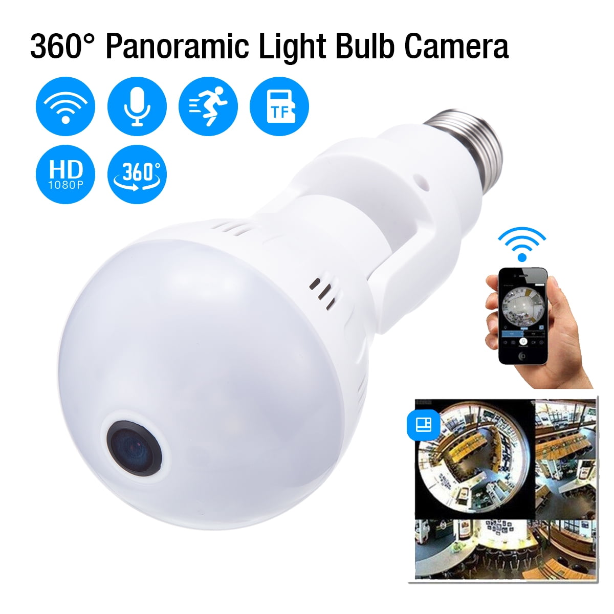 Light Bulb Camera 1080P 360° Wireless Panoramic Hidden Wifi Camera with