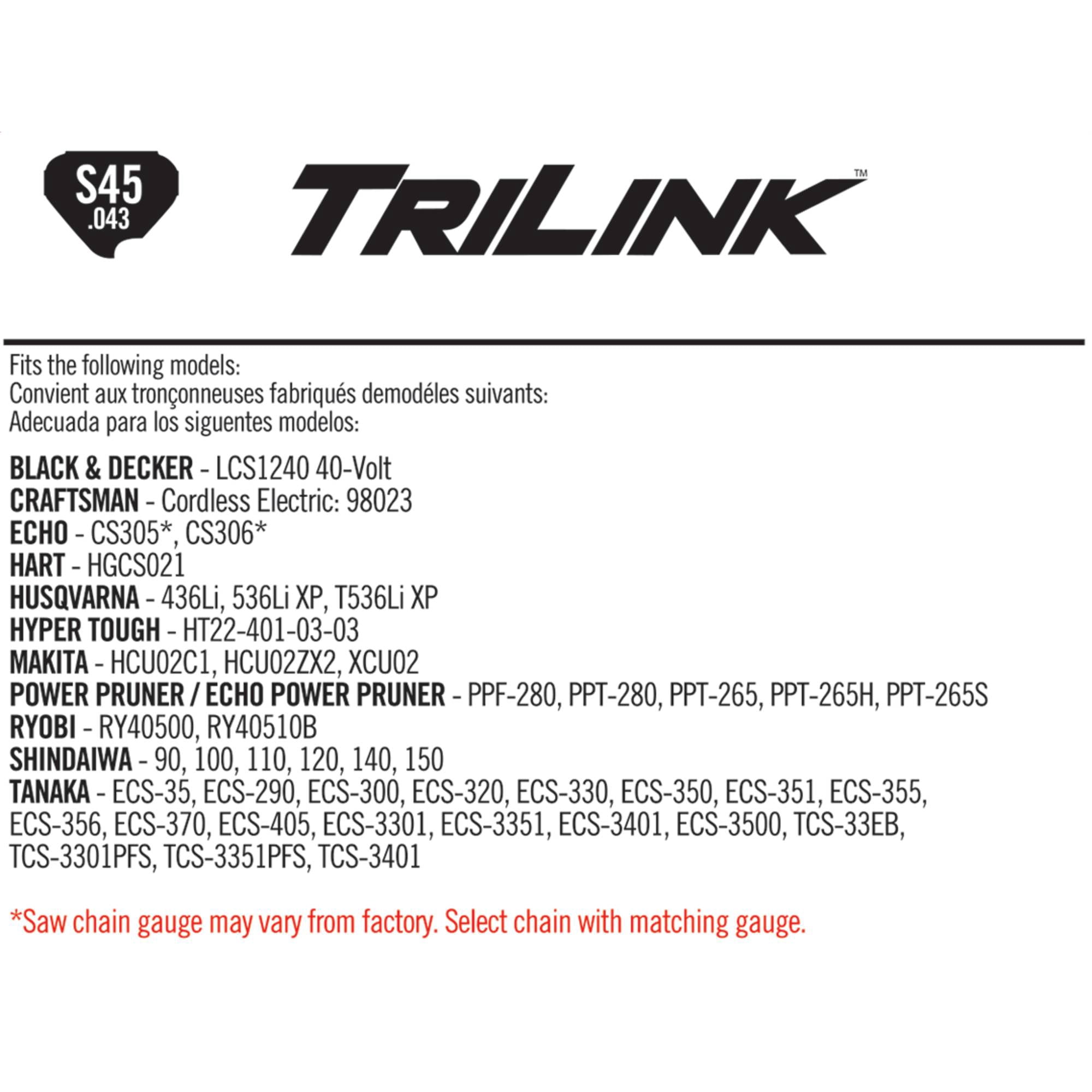 Trilink Saw Chain S45.043 - 12" 2 Pack Replacement Chain for Chainsaw; 45 Drive Links;.043" Gauge Condition: New