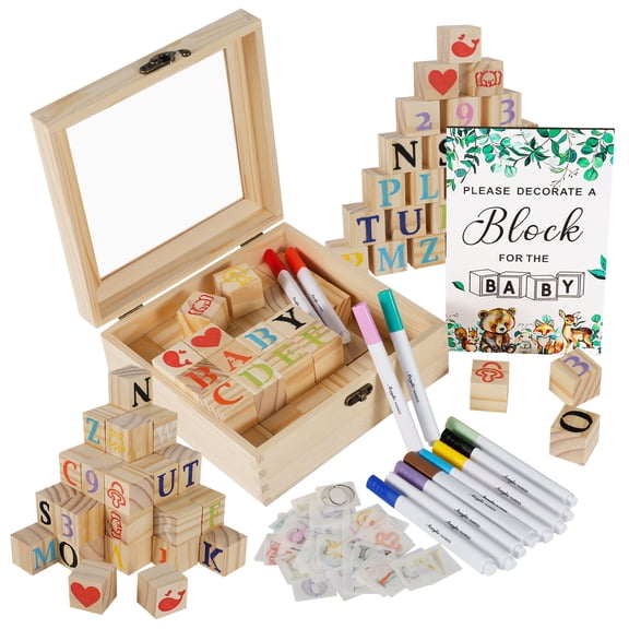 HKJUNFEI 104Pcs Baby Shower Block Game Set with Wood with 12 Marker 48 Wood Cube 42 Stencils Wood Sign for Party Baby Shower
