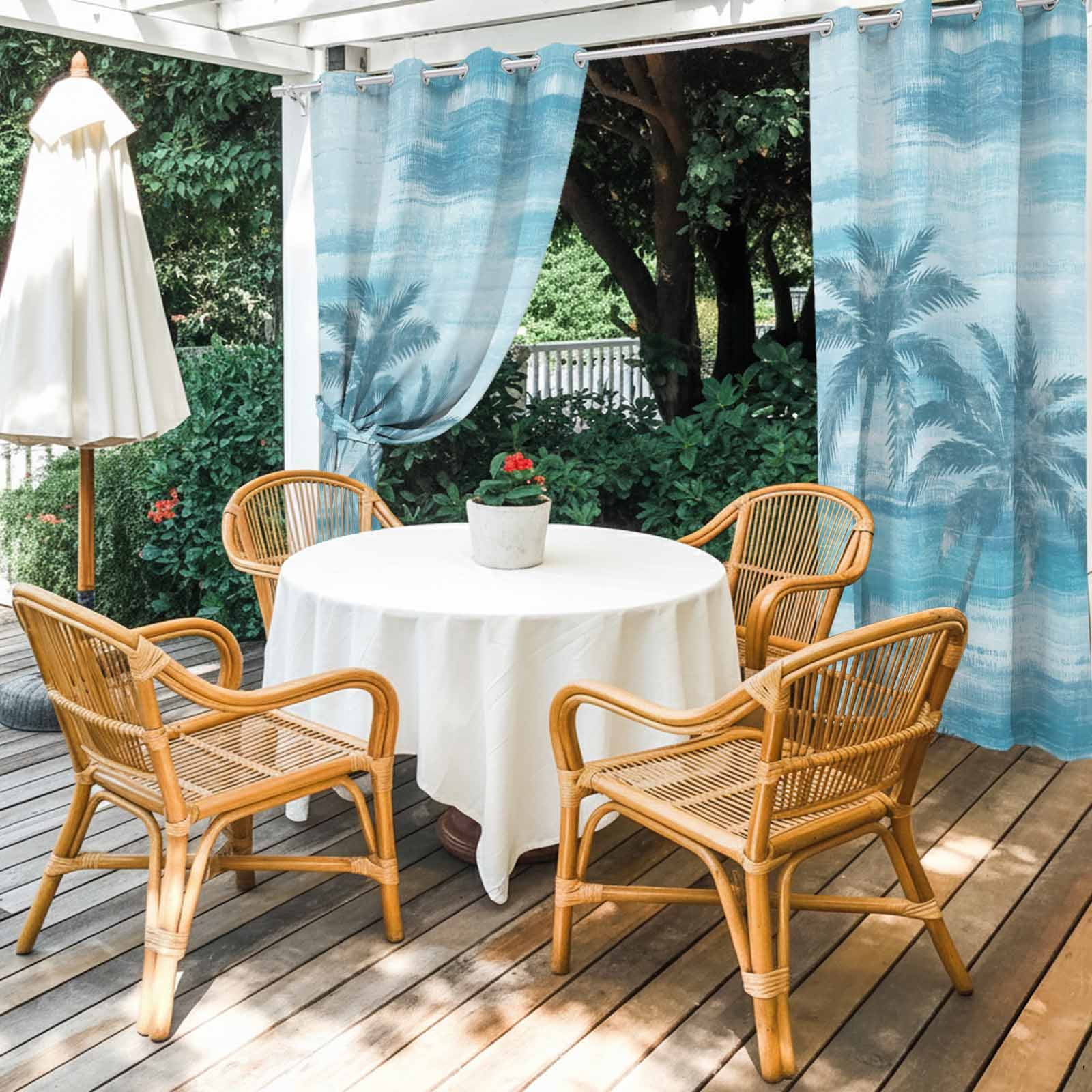 Summer Beach Palm Tree Outdoor Curtains for Patio, Coastal Nautical Tropical Ocean Blue Trees Leaf Sunshade Privacy Drapes Grommet Waterproof Outside Curtains for Porch Balcony 54"x108", 1 Panel