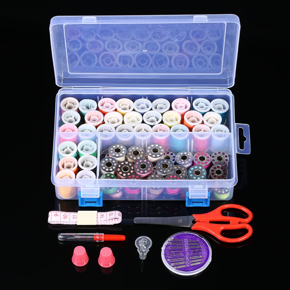 Mixed Colors 32 Thread Bobbins + 32 Thread Spools Sewing Accessories Supplies Kit with Measuring Tape Sewing Storage Case for Brother Janome Singer