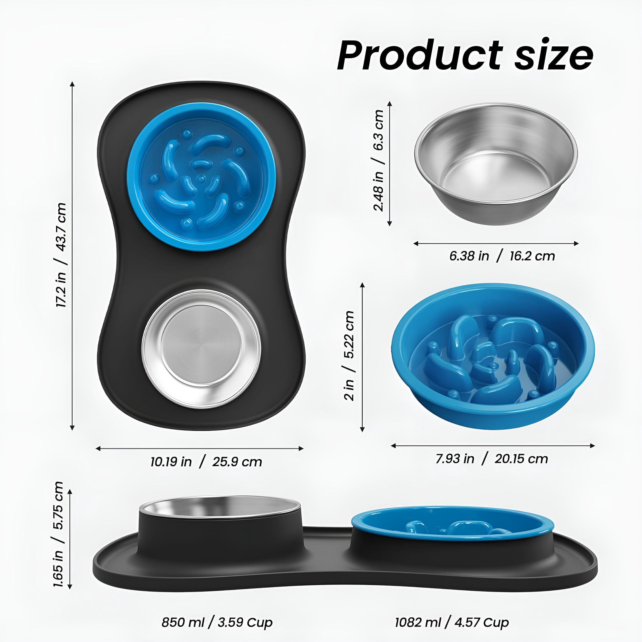 ACDANC Slow Feeder Dog Bowls Stainless Steel Food and Water Bowl Set 3 in 1 No Spill Waterproof Silicone Pet Food Mat Puppy Feeding Station for Large Medium Small Breed Non Slip Metal Dish Tray
