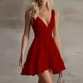 thumbnail image 5 of Women's Deep V Neck Dresses Sleeveless Twist Waist Tiered Ruffle Hem Mini Dress Summer Going Out Party Outfits Red M, 5 of 6