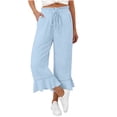 thumbnail image 4 of Qgtaibl Women's Elastic Waist Cotton Capri Pants Fashion Drawstring Ruffle Hem Lounge Cropped Pants Summer Loose Fit Flowy Beach Wide Leg Pants with Pockets Light Blue M, 4 of 7