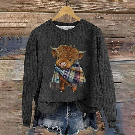 SYMOID Womens Highland Cow Plaid Scarf Graphic Sweatshirt - Retro Cropped Loose Fit, Soft Polyester Ribbed Crew Neck, Inclusive Sizes (S-XXXXXL) Black,Size L