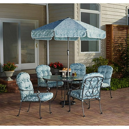 Mainstays Willow Springs 6-Piece Patio Dining Set with Lazy Suzan, 100% Jacquard Woven Fabric Cushion – Seats 5