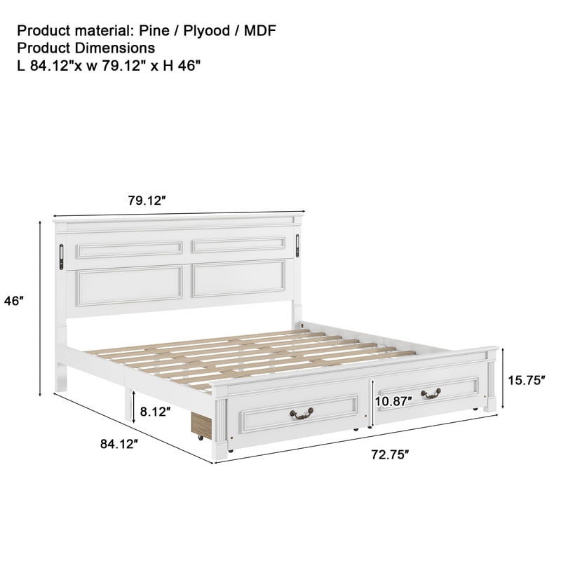 Mirightone King Bed Frame with 46" Tall Headboard, Farmhouse Solid Wood King Size Platform Bed with 2 Storage Drawers,LED Lights & USB Charging Station, White