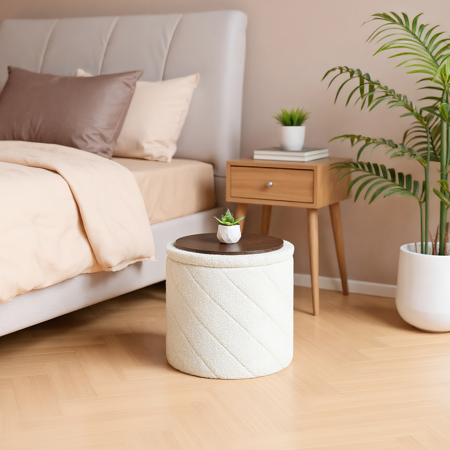 PINPLUS Small Storage Ottoman with Tray Collapsible Foot Rest Stool Seat for Living Room White,Sherpa Fabric